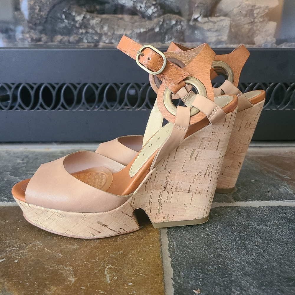 Lola Cruz Brown Leather and Cork Strappy Peep Toe Wedge Heels Size 36/US sz 6 - Picture 5 of 10